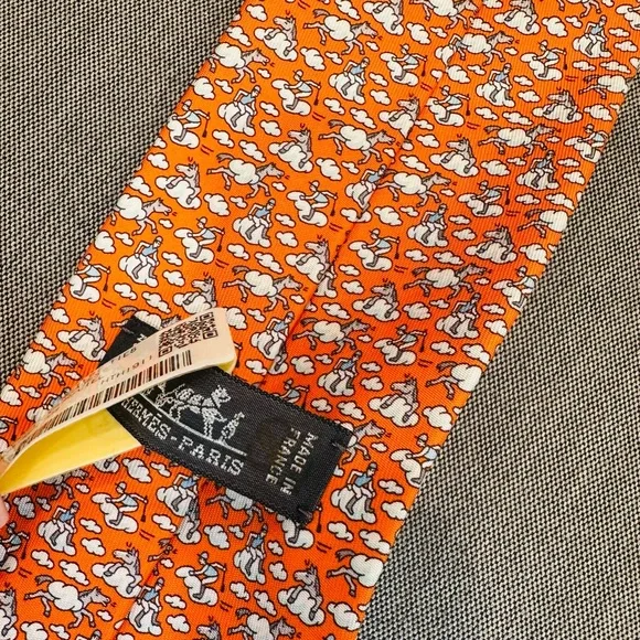 NEW Authentic Hermès Orange Paris Silk Tie Jockey Horse Clouds Print - Picture 10 of 12